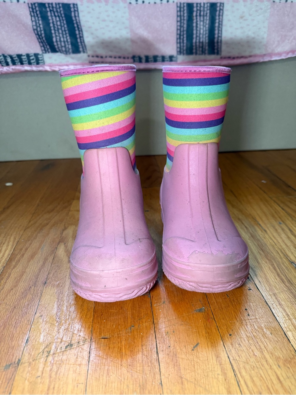Pink Rain Boots with Rainbow Stripe Shaft